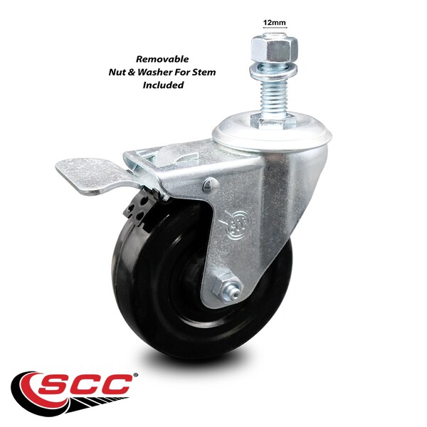 4 Inch Hard Rubber Wheel Swivel 12mm Threaded Stem Caster Total Lock Brake